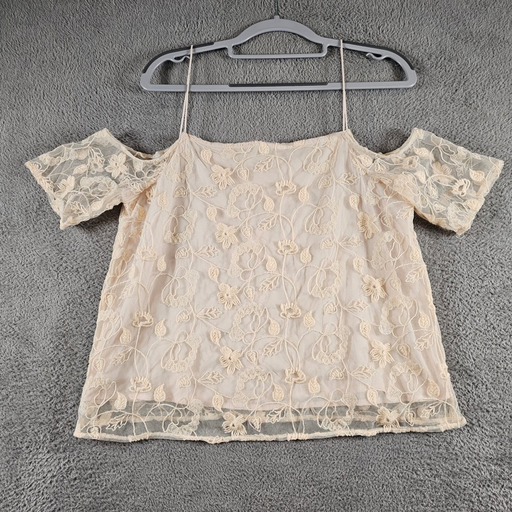 Hinge Womens Small Beige Floral Embroidered Cold Shoulder Mesh Top